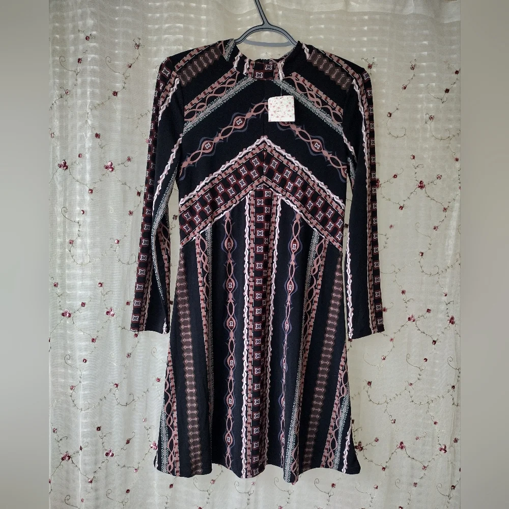 NWT Free People  Stella knit Black and Pink Patterned Mini Dress